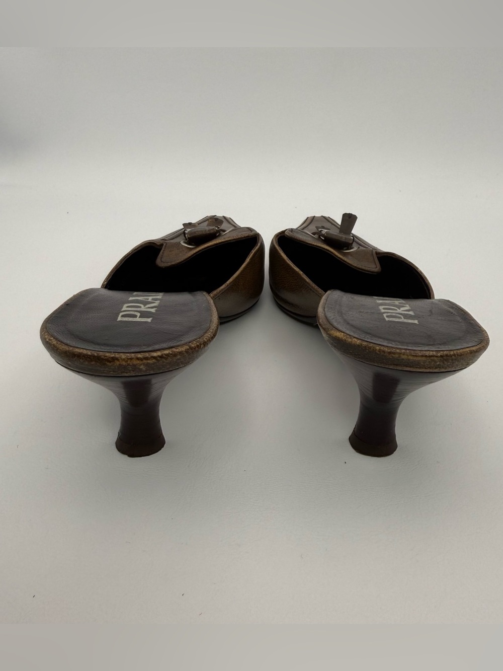 Vintage Prada Bronze Brown Leather Kitten Heel Mule Slides Sz 35.5 Made in Italy - Picture 6 of 17